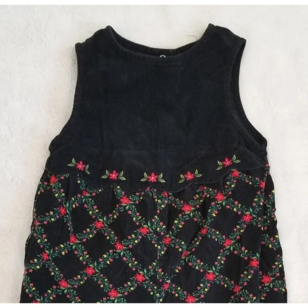 Vintage 90s Gymboree Girls 12-18 Months Corduroy Floral Black Jumpsuit One Piece